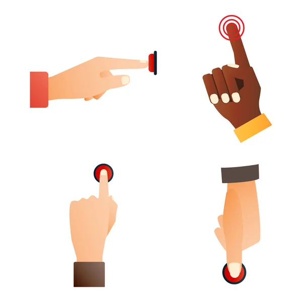 Hand press red button finger press control push pointer gesture human body part vector illustration.