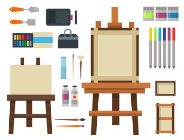Sanat araçlar paleti simgesi boyama düz vektör çizim ayrıntıları Kırtasiye yaratıcı boya ekipman ayarla.