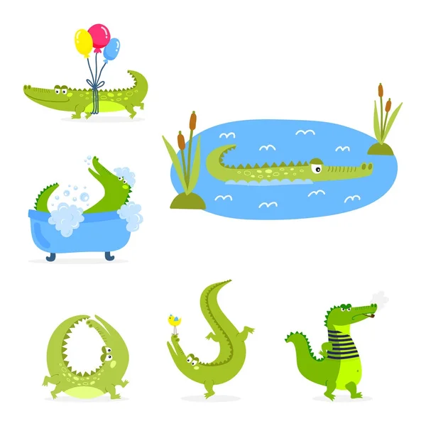 Dibujos animados cocodrilo verde divertido depredador australiano fauna río reptil cocodrilo plana vector ilustración . — Vector de stock