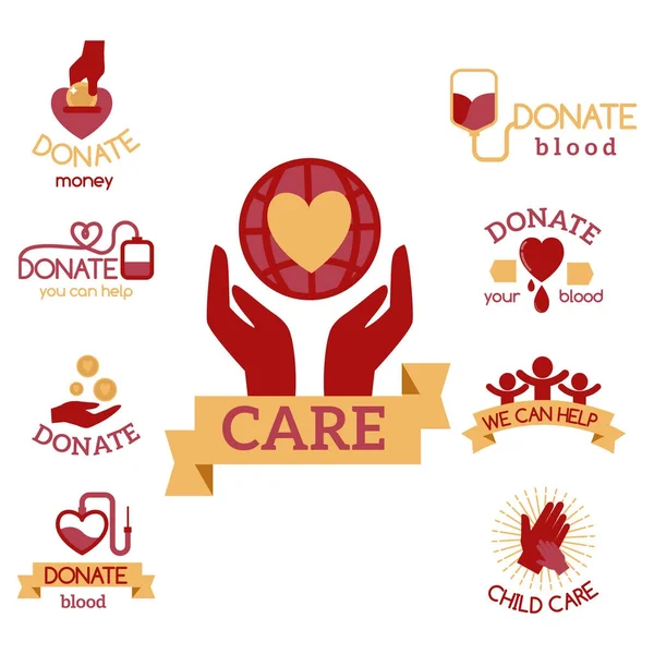 Volunteer red icons charity donation vector set humanitarian awareness hand hope aid support symbols. — Stock Vector