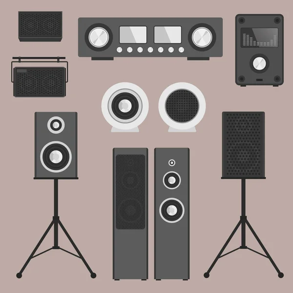 Home sound system stereo flat vector music loudspeakers player subwoofer equipment technology. — Stock Vector