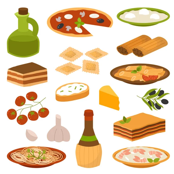 Desenhos animados Itália comida deliciosa cozinha caseira fresco tradicional italiano almoço vetor ilustração . — Vetor de Stock