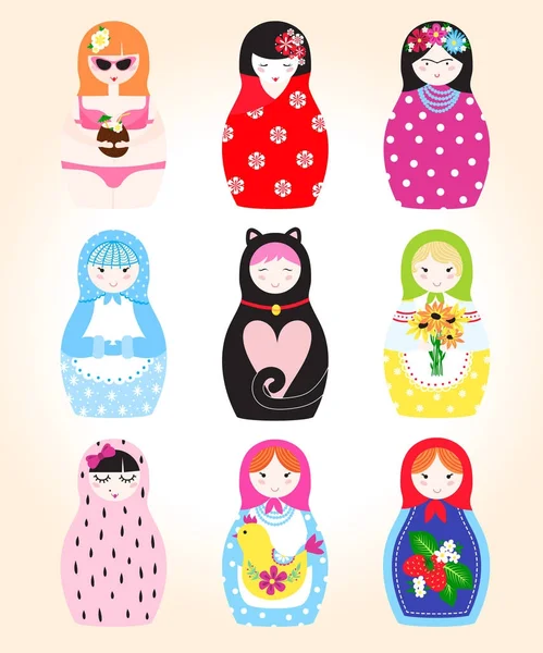 传统的俄罗斯娃娃套玩具巢矢量插画与人类木偶女孩可爱的脸 — 图库矢量图片