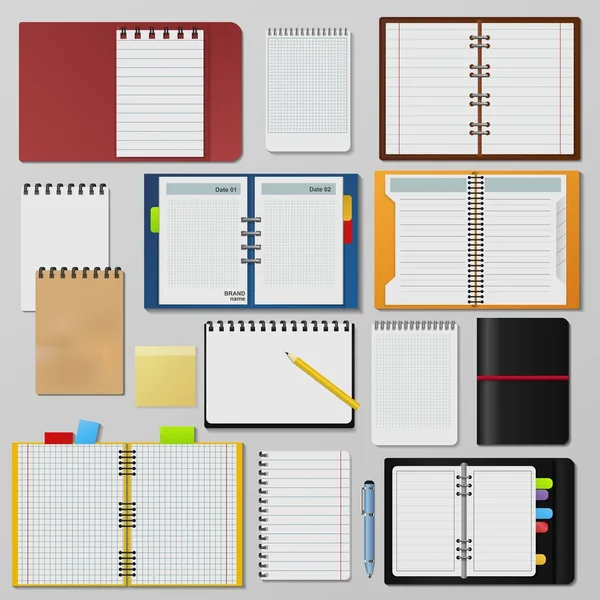 Aantal open realistische notebooks schone pagina's dagboek sjabloon boekje blanco papier schrijven pad organisator vectorillustratie. — Stockvector