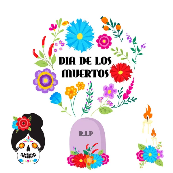 Colorful symbols Dia De Los muertos holiday day of the dead vector. — Stock Vector