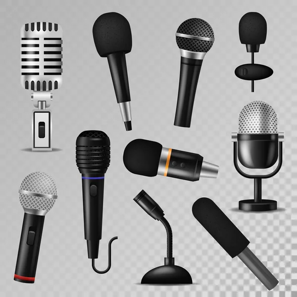 Microphone vector sound music audio voice mic recorder karaoke studio radio record phonetic vintage old and modern interview micro device set 3d isolated illustration — Stock Vector