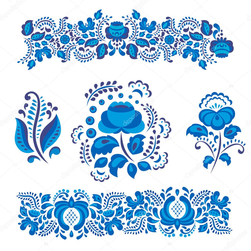 Russian ornaments art gzhel style painted with blue on white flower traditional folk bloom branch pattern vector illustration.
