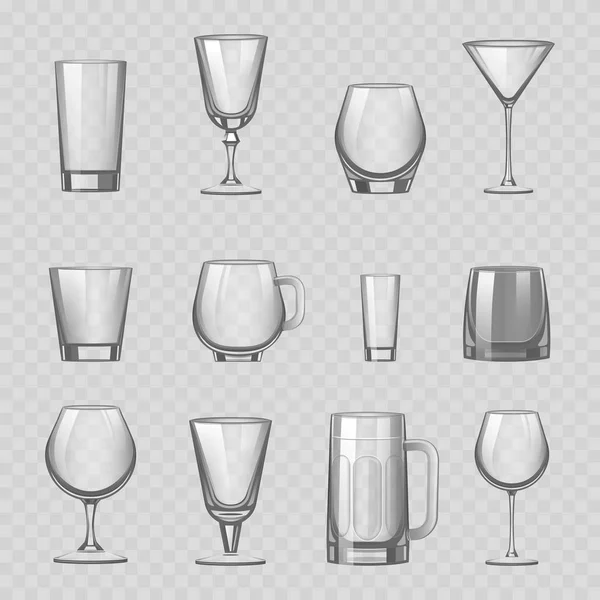 Прозрачные пустые стаканы и стебельные напитки стаканчики стаканы кружки резервуар емкости реалистичная векторная иллюстрация — стоковый вектор