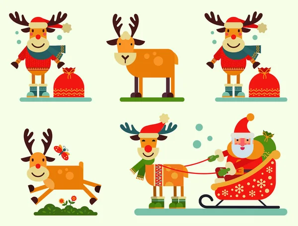 Navidad lindo renos Santa Claus carácter vector Año Nuevo ilustración de animales de venado para trineo — Vector de stock