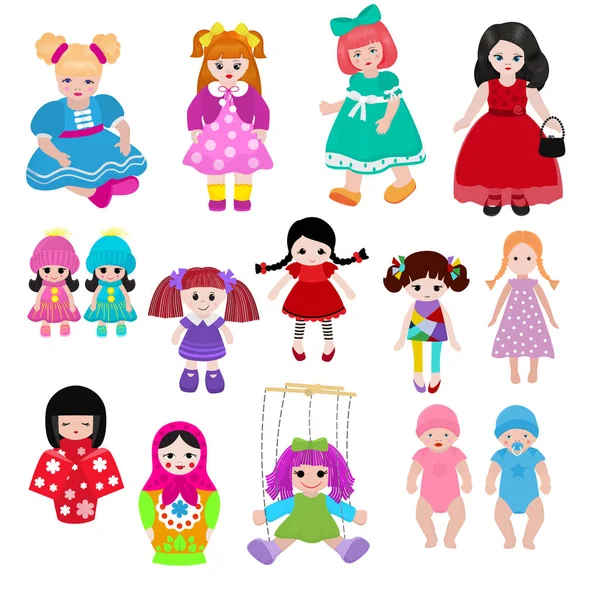 Vector doll toy cute girl female set illustration childhood baby dress face child beautiful dollhouse children baby toyhouse cartoon dollhouse isolated on white background — Stock Vector