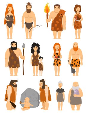 İlkel insanların karakter kümesi vektör protoman Neandertal mağara adamı ilkel aile evrim illüstrasyon karikatür