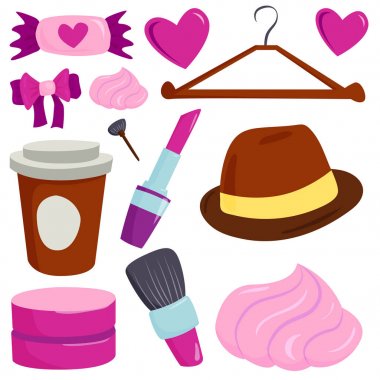 Makyaj simgeler maskara bakım fırçalar karşı karşıya tarak göz farı glamour kadın Aksesuar vektör parfüm.