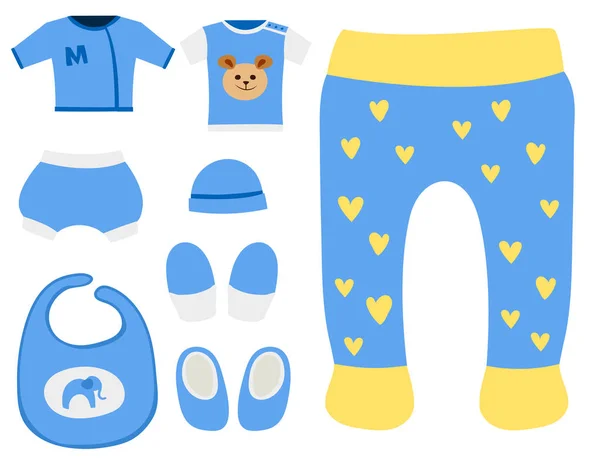 Vector bebé ropa icono conjunto diseño textil casual tela colorido vestido niño ropa desgaste ilustración . — Vector de stock
