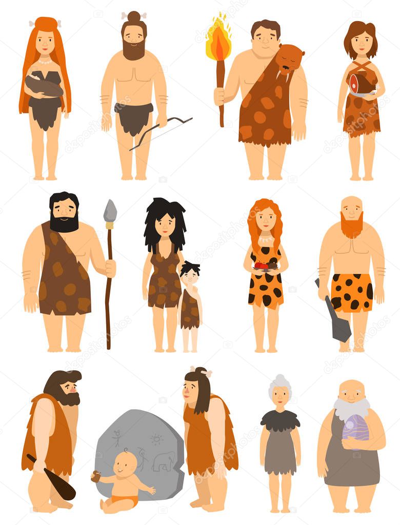 Cartoon primitive people character set vector protoman neanderthal caveman primeval family evolution illustration