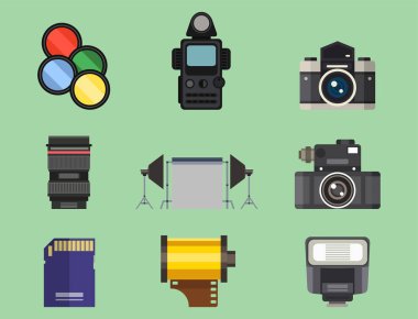 Kamera fotoğraf optik lensler farklı objektif retro fotoğrafçılık ekipmanları profesyonel görünüm vektör çizim ayarla.