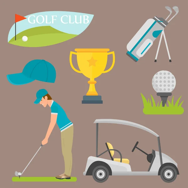 Conjunto vectorial de iconos de golf estilizados hobby equipo colección carrito golfista jugador símbolos deportivos — Vector de stock