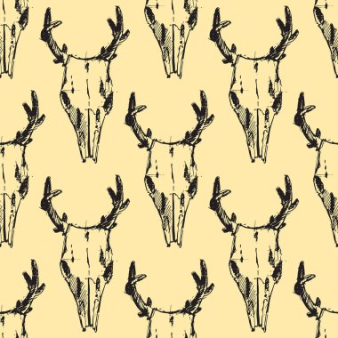 Stil kafatasları yüzler Dikişsiz desen arka plan vektör illüstrasyon halloween korku tarzı dövme anatomi sanat.