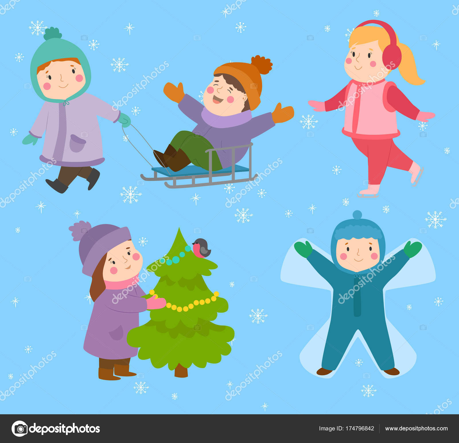 Kinderen winter kerst spelletjes Speeltuin kinderen spelen sport van soorten sneeuwbal, schaatsen, kiddy vakantie