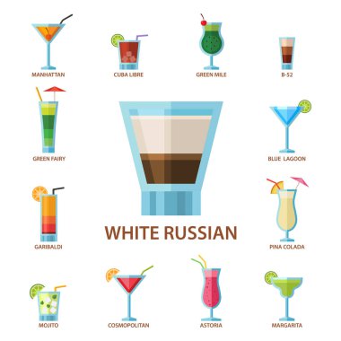 Alkollü kokteyller meyve soğuk içecekler tropikal kozmopolit tazelik koleksiyonu ve parti alkol tatlı tekila vektör çizim.