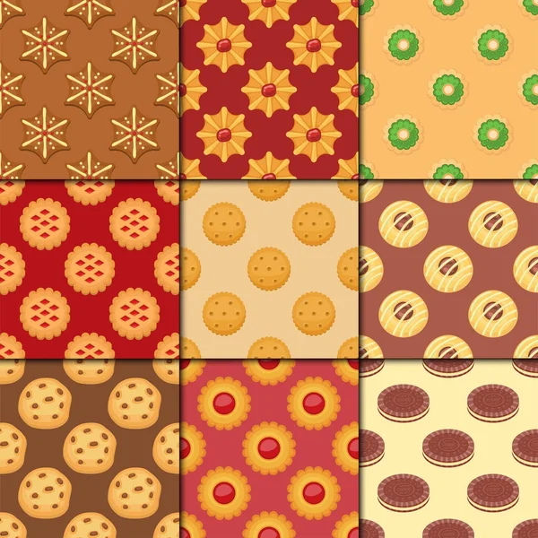 Diferentes pasteles de galletas patrón sin costuras fondo dulce comida sabrosa merienda galleta dulce postre vector ilustración . — Vector de stock