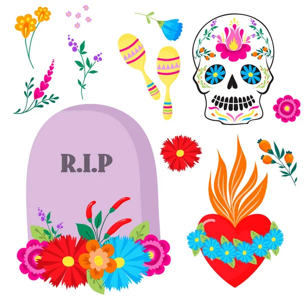 Kolorowe symbole Dia De Los muertos wakacyjny dzień zmarłych wektora. — Wektor stockowy