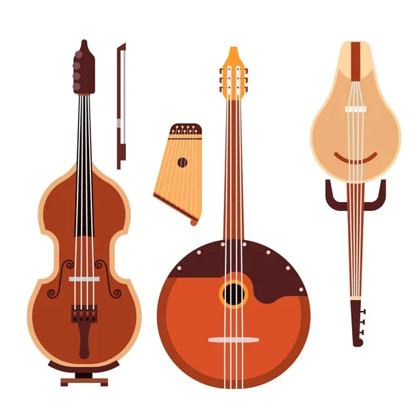 Set of stringed musical instruments classical orchestra art sound tool and acoustic symphony stringed fiddle wooden equipment vector illustration — Stock Vector