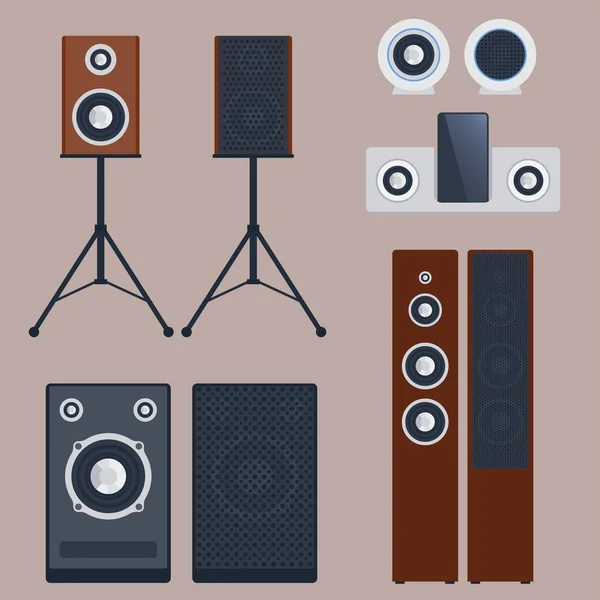 Domowy system dźwiękowy stereo płaskie wektor muzyka głośniki gracz subwoofer sprzęt technologia. — Wektor stockowy