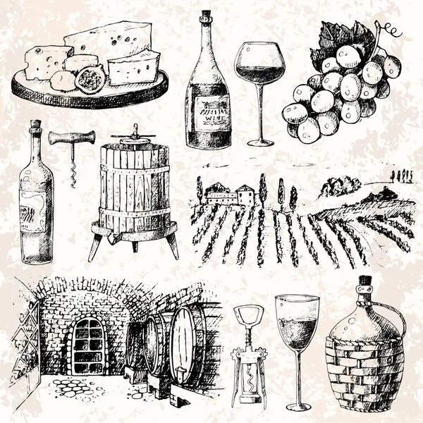 Vintage winery wijn productie handgemaakte ontwerp wijnbouw schets gisting druif drankje vectorillustratie — Stockvector