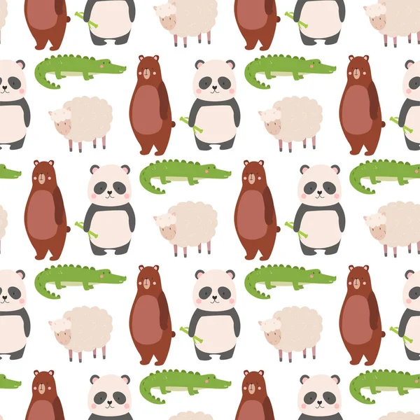 Cartoon bear zoo animals character different sheep crocodile panda pose vector seamless pattern background — Stock Vector