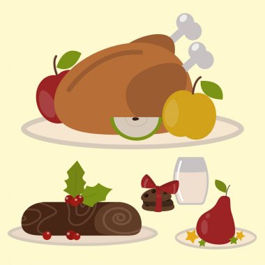 Geleneksel Noel yemeği ayarla ve tatlılar dekorasyon xmas tatlı kutlama tatlı vektör çizim tatil.