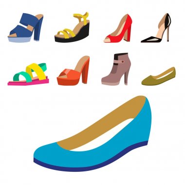 Deri kadın ayakkabı düz tasarım vektör koleksiyonuna kümesini mokasen sandalet illüstrasyon renkli..