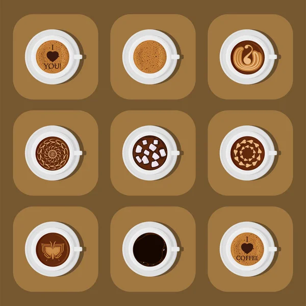 Différents types de café chocolat tasses de cacao vue de dessus parfait pour l'illustration vectorielle assortiment menu . — Image vectorielle