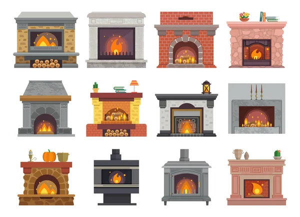 Lareira vetor casa natal madeira fogo lugar casa ilustração quente inverno interior fogueira isolado ilustração conjunto — Vetor de Stock