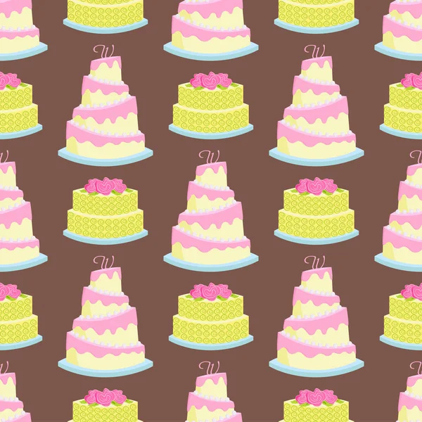 Wedding cake taart snoep dessert bakkerij plat eenvoudige stijl naadloze patroon achtergrond gebakken voedsel vectorillustratie. — Stockvector