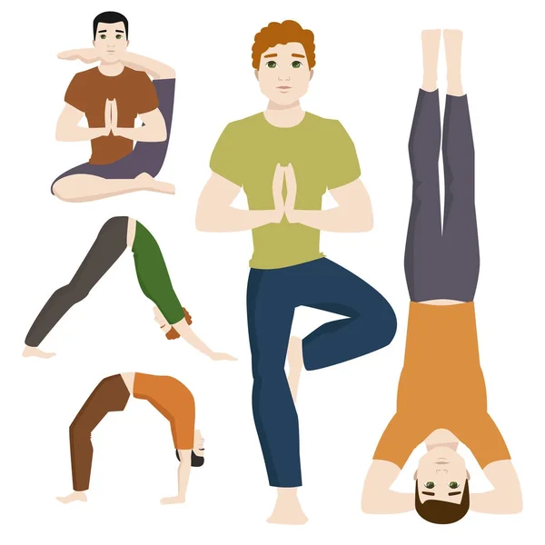 Yoga Positionen Männer Charaktere Klasse Meditation männliche Konzentration menschlicher Frieden Lebensstil Vektor Illustration. — Stockvektor