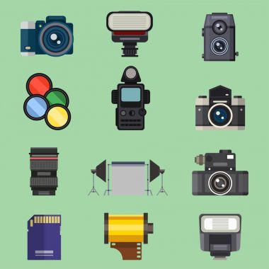 Kamera fotoğraf optik lensler farklı objektif retro fotoğrafçılık ekipmanları profesyonel görünüm vektör çizim ayarla.