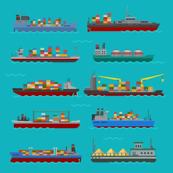 Грузовые суда и танкеры доставки сыпучих грузов железнодорожные паромы грузовые промышленные товары танкеры лодки изолированные векторные иллюстрации — стоковый вектор