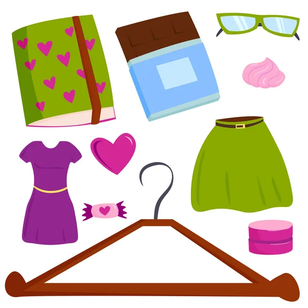Vettoriale estate ragazza abbigliamento e accessori isolati articoli per lo shopping e bella cosmetica o trucco . — Vettoriale Stock