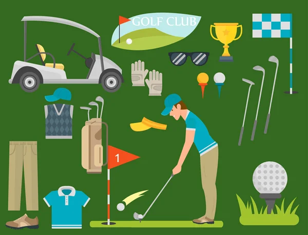 Vector set of stylized golf icons hobby equipment collection cart golf player sport symbols — стоковый вектор