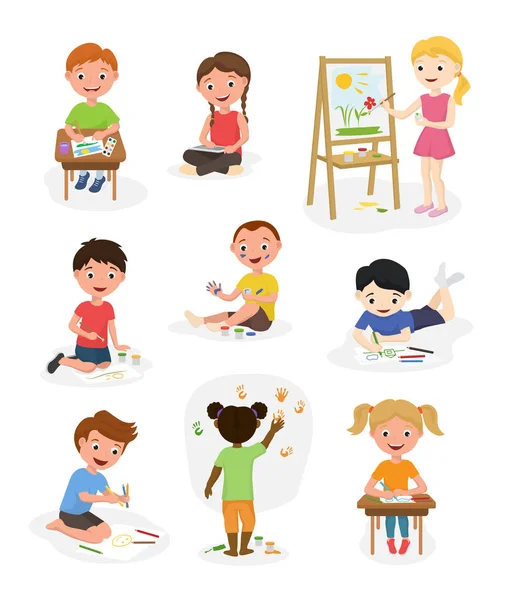 Artista carino bambini vettore pittura arte bambino creativo disegno opera d'arte pittore bambino ragazzi e ragazze arte persone cartone animato infanzia illustrazione isolato poca creatività . — Vettoriale Stock