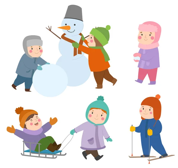 儿童冬季圣诞游戏游乐场孩子们玩体育游戏的种类雪球, 滑冰, 幼儿假期游戏 — 图库矢量图片
