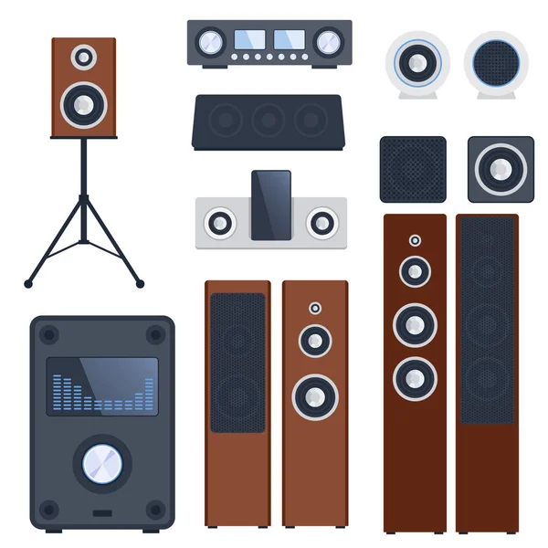 Sistema de sonido doméstico estéreo vector plano música altavoces reproductor subwoofer equipo tecnología . — Vector de stock