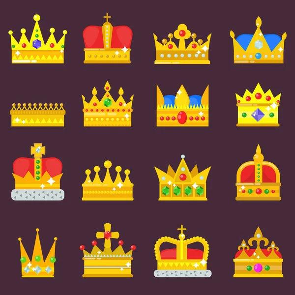 Taç vektör ayarla kral kraliyet altın takı sembolü Kraliçe Prenses Prens yetkilisi taç jeweles taçlandıran illüstrasyon izole — Stok Vektör