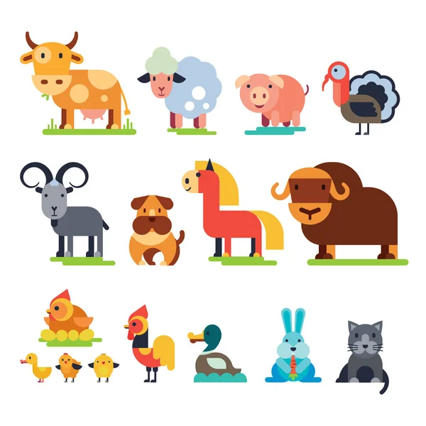 Фермерские животные векторный набор домашнего животноводства символов коровы и овцы, свиньи, индейки, собаки, лошади и кошки животноводства иллюстрации изолированы на белом фоне — стоковый вектор
