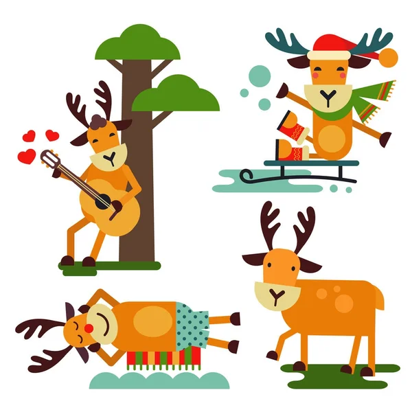 Kerst schattig reindeer Santa Claus karakter vector Nieuwjaar illustratie van herten dier voor slee — Stockvector