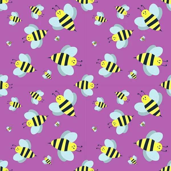 Cartoon söta gula biet sommaren arbetare bugg hand dragna sömlösa mönster honung natur kopplingskort. — Stock vektor