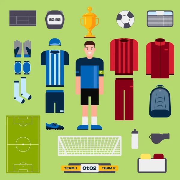 Voetbal elementen voetbal speler uniforme kleding en symbolen sport spel vectorillustratie — Stockvector