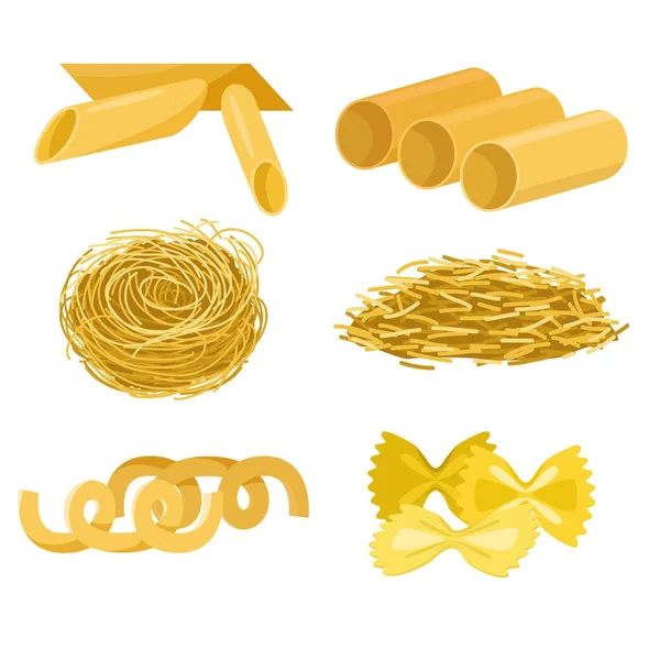 Diferentes tipos de pasta de trigo integral fideos de arroz alimentos ecológicos macarrones nutrición amarilla productos de la cena vector ilustración — Vector de stock