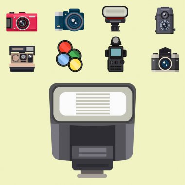 Kamera fotoğraf optik lensler farklı objektif retro fotoğrafçılık ekipmanları profesyonel görünüm vektör çizim ayarla.