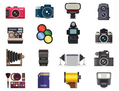 Kamera fotoğraf optik lensler farklı objektif retro fotoğrafçılık ekipmanları profesyonel görünüm vektör çizim ayarla.